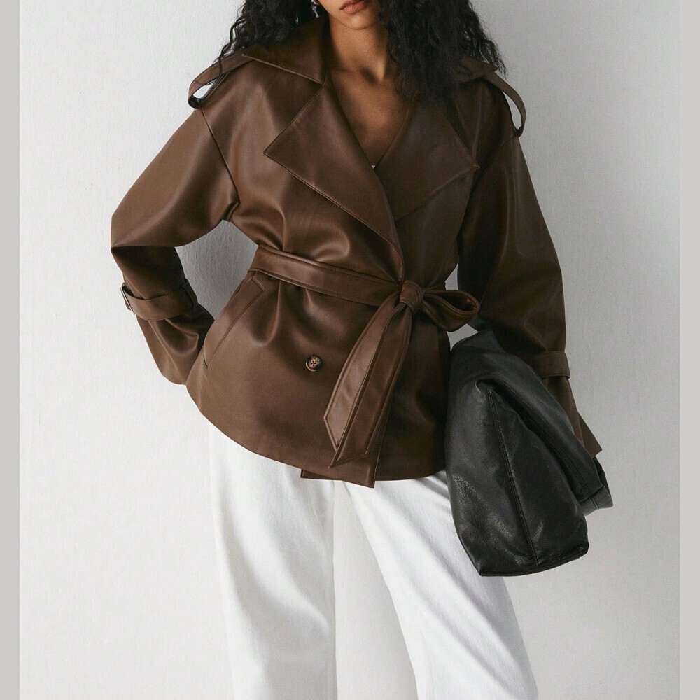 Brown Faux Leather Belted Cropped Trench Coat Jacket